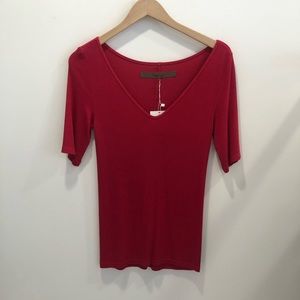 Enza Costa Silk Rib V-Neck T-Shirt Red Sz M NWT
